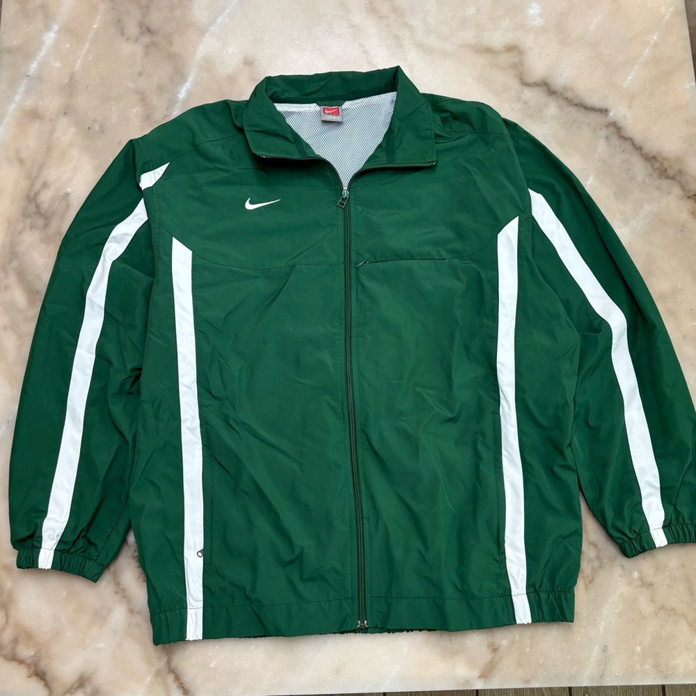 Nike Green and White Windbreaker with Full-Zip Design